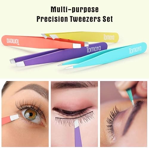 Tomata Tweezers for Eyebrows, Slant Tip and Pointed Eyebrow Tweezer Set Great Precision for Eyebrows Facial Hair, Ingrown Hair, Splinter, Blackhead and Tick Remover (4-piece) (Multi-color) thumbnail 4