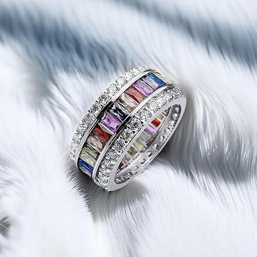 Hermosa Silver Ring for Women Wide, Multicolor Band Baguette Gemstone Rings, Silver Knuckle Women Rings Set Jewelry Size 6-12 thumbnail 5