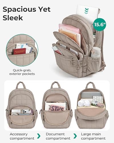 BAGSMART College Laptop Backpack, Travel Backpack for Women, Quilted Casual Daypack, Water-Resistant Bookbag for 15.6 Inch Laptop, Camel thumbnail 4
