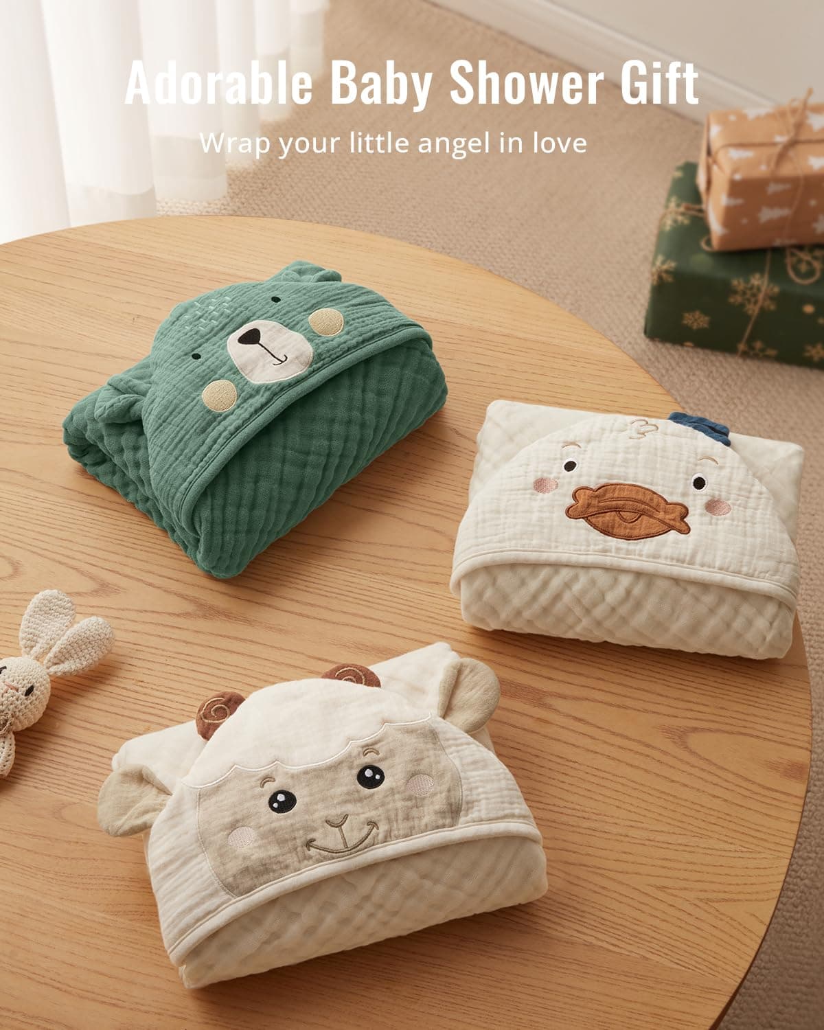 Blissful Diary Muslin Baby Hooded Towel 2 Pack, Soft & Absorbent Bath Towel for Infant, Toddler, Unisex, Baby Gift, Newborn Essentials, Bear & Duck thumbnail 7