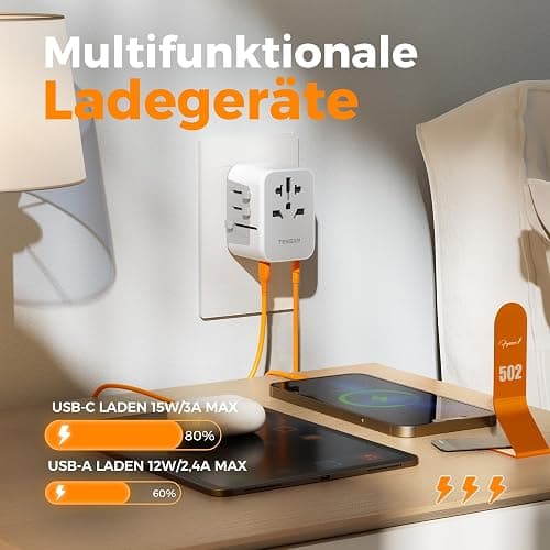 TESSAN Reiseadapter Weltweit, Universal Reisestecker mit 3 USB, 1 USB C und 1AC Steckdose, Internationaler Steckdosenadapter, Universaladapter für Deutschland USA England Thailand Italien Australien - 3 USB A und 1 USB C-Grau-Weiß thumbnail 2
