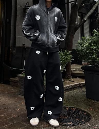 Aelfric Eden Baggy Wide Leg Sweatpants Flower Embroidery Casual Y2K Elastic Drawstring Lantern Barrel Lounge Trouser Pants thumbnail 3
