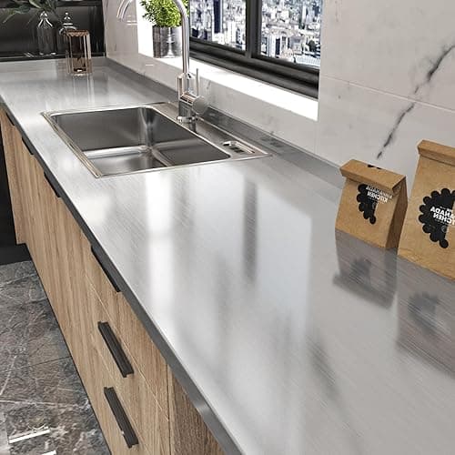 Skyblur Silver Brushed Stainless Steel Contact Paper for Countertop Metallic Silver Peel and Stick Wallpaper Metal Look Wall Paper for Kitchen Backsplash Fridge Dishwasher Appliances Cover 118"x24"