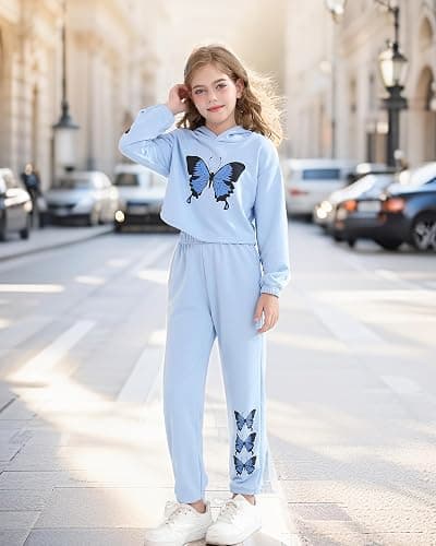 YOURUIKEY Girls' Clothing Set Butterfly Print Crop Top Hoodies Sweatpants 2 Piece Outfits Kids Sweatsuit Tracksuit Jogger Set - Blue - 7-8Y thumbnail 2