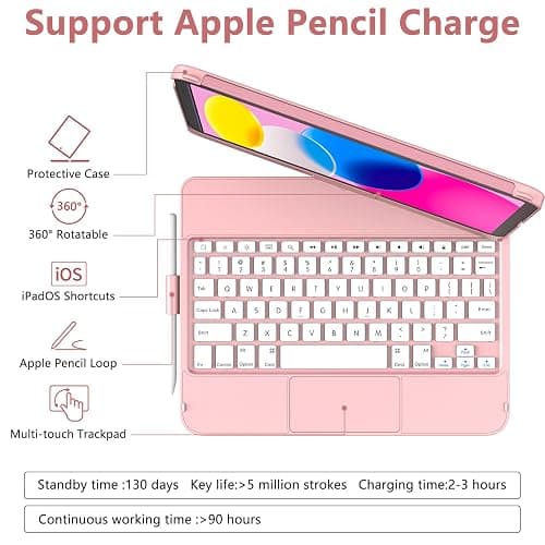 TaIYanG for iPad A16 11th 10th Generation Case with Keyboard 11 inch 2025&10.9 inch 2022,Touch Trackpad Keyboard Case for 10th Generation-360° Rotate,Pencil Holder,Keyboard for iPad 10th Gen,Rose Gold thumbnail 4
