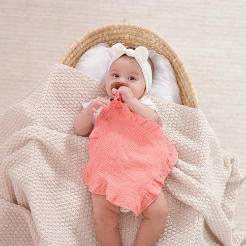 PEIPEIWU Loveys for Babies- 2 Pack Organic Cotton Muslin Loveys with Attachable Snap Closure - Newborn Baby Lovey Security Blankets for Babies Baby Blanket (Pink) thumbnail 3