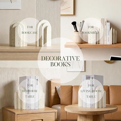 Havmorph Book Ends for Heavy Books, Beige Modern Pleasing Layered Arch Design Aesthetic Bookend Decorative, Concrete Book Ends to Hold Books Heavy Duty for Bookshelf Decor, Home Decor, Office Decor thumbnail 4