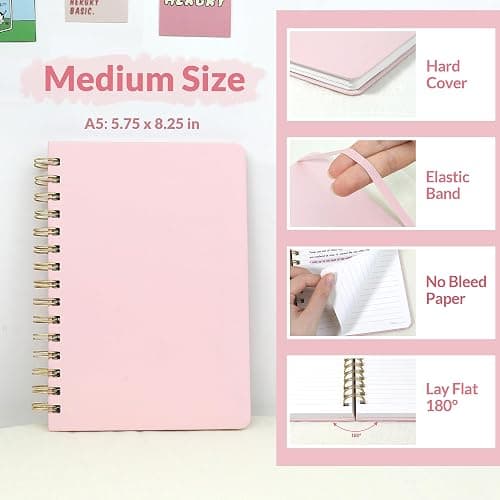 SUNEE Journaling Notebooks, A5 Lined Spiral Notebook for Women, 146 Pages College Ruled Hardcover Notebook for Work, Note Taking, Journaling and Office School Supplies, A5 - Pink thumbnail 4