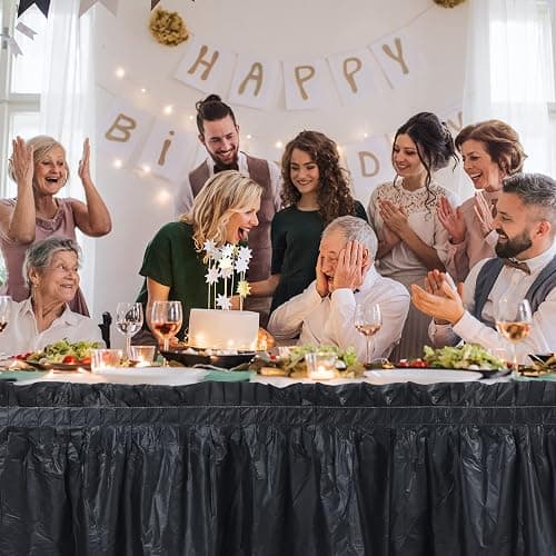 Tegeme 16 Pieces Black Plastic Table Skirts for Rectangle Tables, 14 ft x 29 in Disposable Ruffle Table Skirting with Adhesive Strip, Bulk Party Supplies for Wedding, Birthday, Baby Shower & Banquet thumbnail 5
