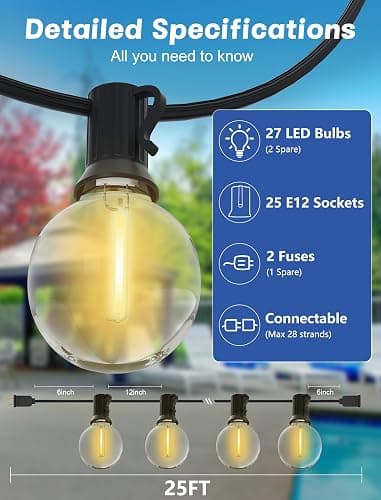 SUNSGNE G40 LED Globe Outdoor String Lights Waterproof Shatterproof, 25FT Outdoor Globe Lights with 25 LED Plastic Clear Light for Café Bistro Porch Pergola Tents Balcony Decor, Black Wire thumbnail 2