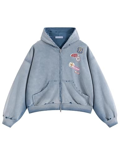 Aelfric Eden Vintage Acid Wash Zip Up Hoodie Boxy Streetwear Jacket | Badge Graphic Hooded Sweatshirt with Pockets, Fashion Casual Outfits, Loose Fit, Trendy Y2K, Fall Spring Winter Clothing - Image 1