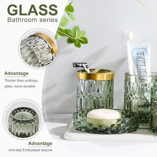 LaMarriti Green Bathroom Accessories Set, 5Pcs Clear Glass Bathroom Set Accessories, Soap Dispenser, Soap Dish, Toothbrush Holder Set, Tumbler, Qtips Holder for Vintage Crystal Bath Decor thumbnail 4