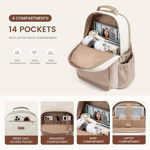 LOVEVOOK Laptop Backpack for Women with Pouch Pocket for Large Capacity Cup,15.6 Inch Laptop Computer Bag Travel Backpack Purse,Waterproof Work Business Backpack College Teacher Bags,Beige-Khaki thumbnail 3