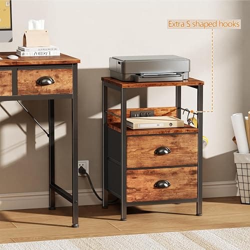 Furologee End Table with Charging Station, Nightstand with Fabric Drawers, Side Table with USB Ports & Outlets, Night Stand with Storage Shelf & Hooks, for Living Room/Bedroom, Rustic Brown thumbnail 7