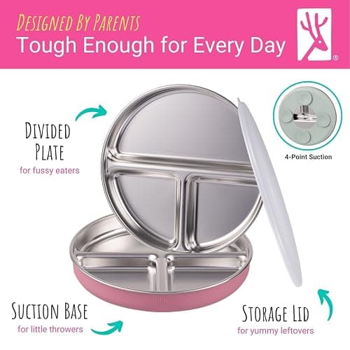 Elk and Friends Kids Stainless Steel Divided Plates with Silicone Suction Sleeves | Lids Included | Suitable for Babies/Toddlers | Dishwasher Safe | Stay Put Dinnerware | Snack Dishes | 2 Pack thumbnail 6