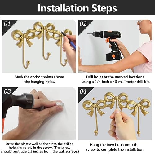 XHIPY Gold Bow Hooks Coat Rack, Wall Mount Coat Hook, Bow Room Wall Decorations, Wall Hook for Hanging Coat, Hat, Jacket thumbnail 7