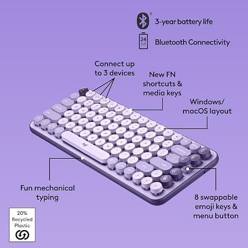 Logitech POP Keys Mechanical Wireless Keyboard - Cosmos | Customizable emoji keys, durable compact design, USB connectivity, multi-device, multi-OS compatible thumbnail 6