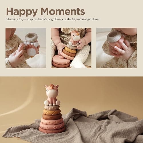 Nueplay 7 Pcs Stacking & Nesting Baby Toys, Squeeze Teething Toys and Building Circle with Pink Horse Figure, Newborn Essentials for 6 12 18 Months Toddler Girls thumbnail 4