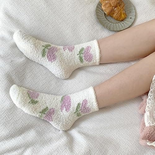 Kelabia 5 Pair Cute Floral Fuzzy Socks, Women Fluffy Slippers, Cottagecore Winter Thick Cozy Vintage Long Socks thumbnail 5