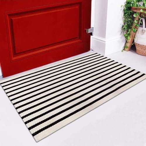 LEEVAN Black and White Striped Rug Doormat 2x3 Washable Front Porch Rug Farmhouse Layered Door Mats Outdoor Cotton Hand Woven Throw Carpet for Entryway/Front Steps/Bathroom/Home Entrance thumbnail 3