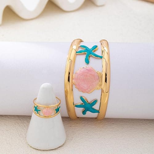 Nojess Boho Ocean Starfish Shell Open Cuff Bangle Bracelet Ring Set for Women Enamel Statement Summer Vacation Beach Jewelry thumbnail 6