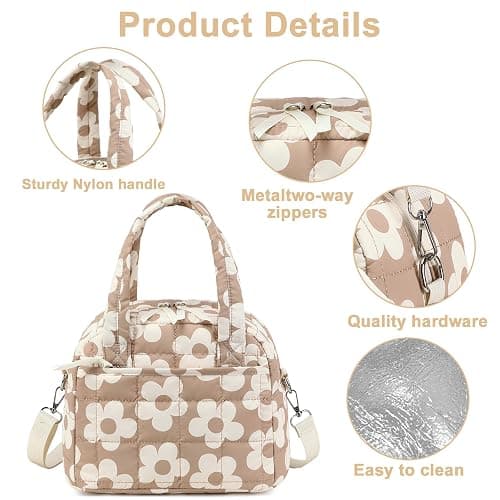 LEDAOU Quilted Insulated Lunch Bag for Women, 9L Puffy Lunch Tote with Adjustable Shoulder Strap, Reusable Water-Resistant Lunch Box for Work, School, Picnic & Travel thumbnail 5