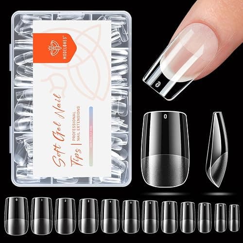 modelones Short Square Nail Tips, Pre-shaped Soft Gel Tips Fake Nails False Acrylic Clear Full Cover Press on Extension Gel Kit Manicure DIY at Home 216PCS 12Sizes - Image 1
