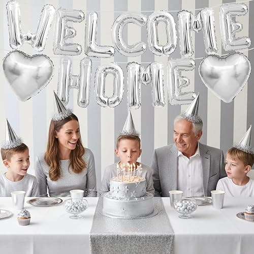 Welcome Home Balloons Silver,16Inch Welcome Home Foil Balloons Banner with 18Inch Heart Balloon Welcome Home Party Decorations for Homecoming Party House Warming Party Family Party Decorations thumbnail 2