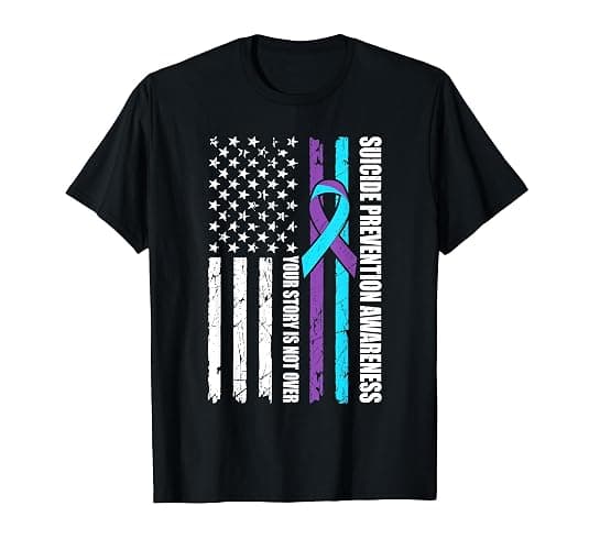 Suicide Prevention Awareness Month Flag Teal & Purple Ribbon T-Shirt - Image 1