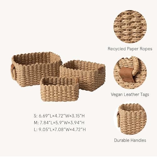 LA JOLIE MUSE Small Wicker Baskets for Organizing, Recycled Paper Rope Storage Basket Container Bins for Shelves Bathroom Cupboards Drawer, Decorative Square Basket Organizer Set of 3 thumbnail 3
