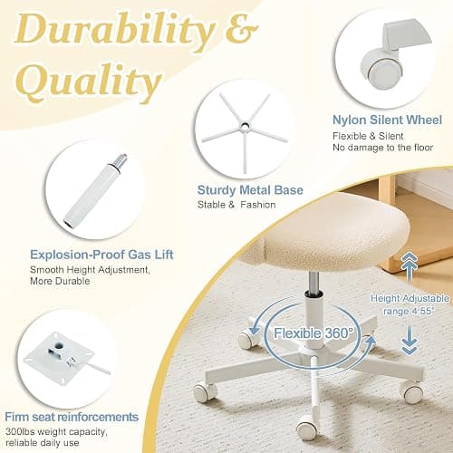 VINGLI Candy Chair Armless Cute Desk Chair,Comfy Small Office Chair with Wheels,Vanity Chair Lumbar Support,Teddy Adjustable Rolling Swivel Computer Task Chair for Home Office,Bedroom,Creamy Beige thumbnail 3