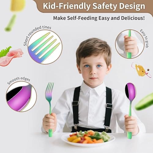DEHOV Rainbow Toddler Eating Utensils Set,Set Of 12 Food Grade Stainless Steel Silverware Sets For Kids,Dishwasher Safe Children Small Metal Spoons And Forks Flatware Sets thumbnail 4