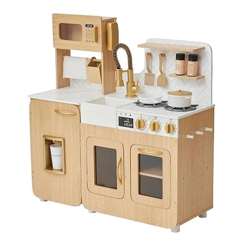 Teamson Kids Little Chef Cyprus Play Kitchen Set for Toddlers with 14 Accessories, Wooden Toy Cooking Playset for Kids Ages 1-8, Montessori Cooking Station, Light Oak/White Pretend Kitchen - Image 1