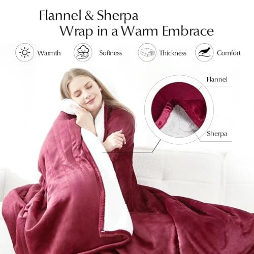 SNUGSUN Electric Heated Blanket Twin Size, Soft and Cozy Thickened Flannel and Sherpa Electric Blanket for Bed, Automatic Safety System 6 Heating Levels & 10 Hours Auto-Off, 62"x84" Garnet thumbnail 3