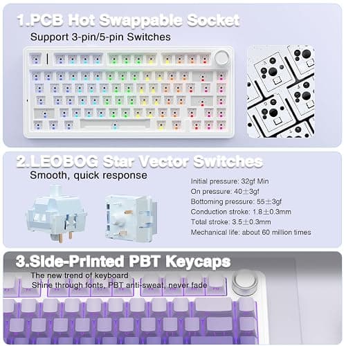 AULA F75 Pro Wireless Mechanical Keyboard,75% Hot Swappable Custom Keyboard,RGB Backlit,Pre-lubed Linear Switches,Side Printed PBT Keycaps Mechanical Gaming Keyboards,Gradient Purple thumbnail 5