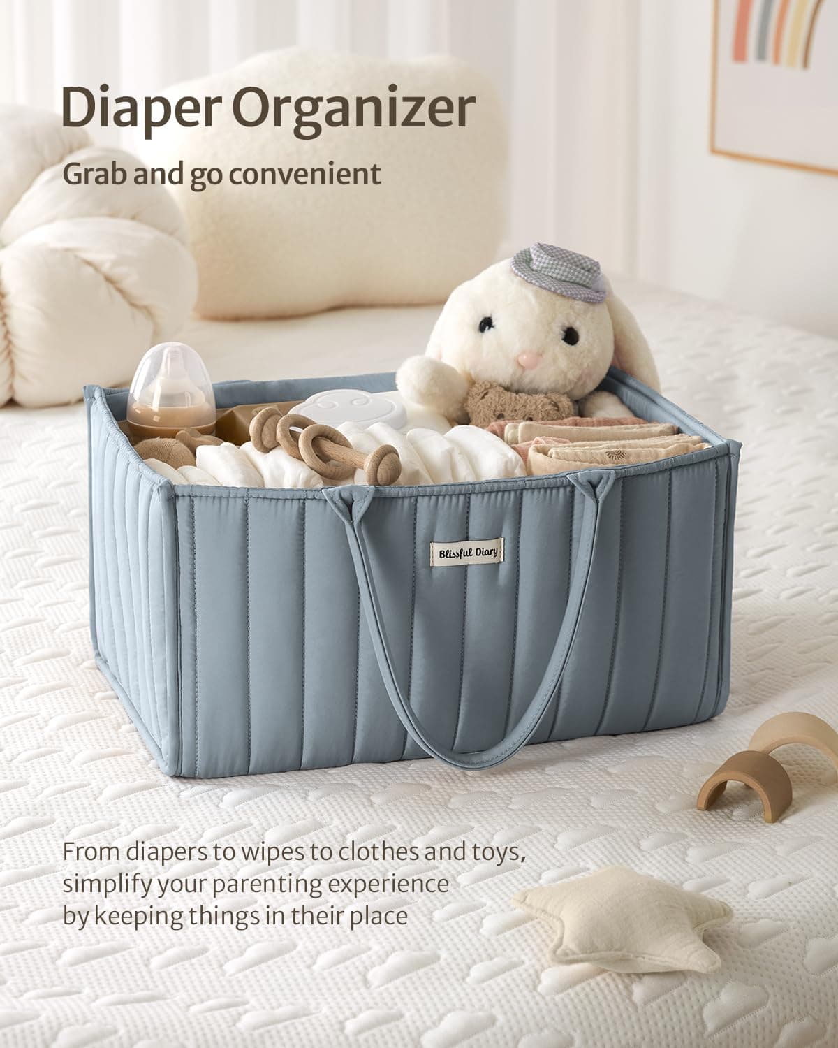 Blissful Diary Baby Diaper Caddy Organizer, Stylish Storage Basket for Newborn Essentials and Diaper Station, Baby Shower and Registry Must-Have, Dusty Blue thumbnail 4