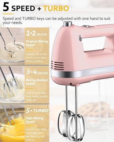 Z-DESDEMONA Electric Hand Mixer, Powerful 300W Hand Mixer Electric Handheld with 304 Beaters, Dough Hook,Hand Held Mixer with Turbo for Baking Cakes, Eggs, Cream Food(Pink) thumbnail 5