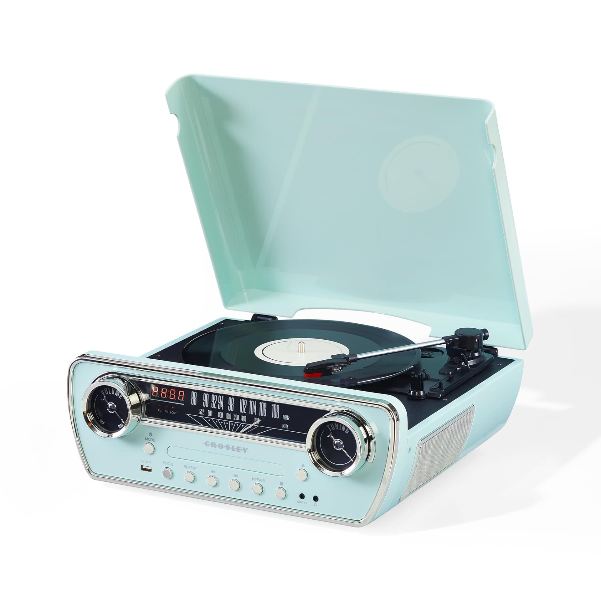 Crosley Powel 7-in-1 Record Player with Speakers & CD Player - Vintage Car Design Bluetooth Turntable Entertainment System with AM/FM Radio - Retro Aqua Style for Vinyl, Digital & Wireless Music - Image 1
