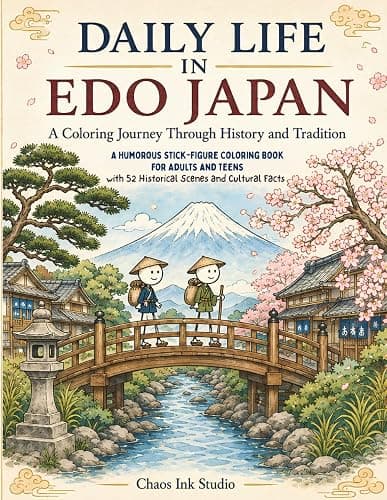 Daily Life in Edo Japan: A Coloring Journey Through History and Tradition. A Humorous Stick-Figure Coloring Book for Adults and Teens with 52 Historical Scenes and Cultural Facts - Image 1
