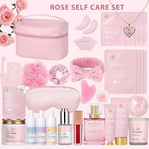 Rose Facial Skin Care Set, 33 Pcs Bath & Body Spa Basket for Women, Beauty Care Kit, Sheet Mask, Makeup Bag, Face Serum, Bath Bomb, Perfume, Christmas, Mother Day, Valentine's, Birthday, Baby Shower thumbnail 2