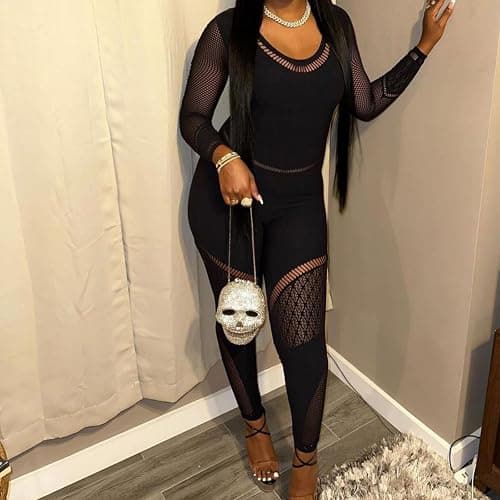 WEICHUJIAN Women Sexy See Through Womens Jumpsuit Outfits Mesh Hollow Out Crop Top Bodycon Long Sleeve Rompers thumbnail 7