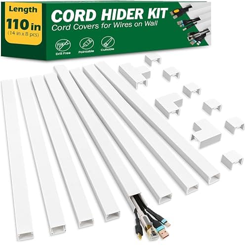 AZEN Cord Hider Kit, 110in Cord Covers for Wires on Wall, Paintable Wire Covers for Cords on Wall, Self-Adhesive Cable Hider Cord Organizer, Wire Hiders for TV on Wall, 8X L14in X W0.96in x H0.57in - Image 1