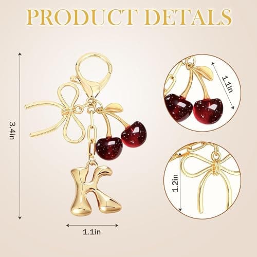 Snycler Bubble Initial Keychain with Bow & Cherry - Gold Letter Bag Charms for Women, Cute Purse Handbag Accessories thumbnail 2