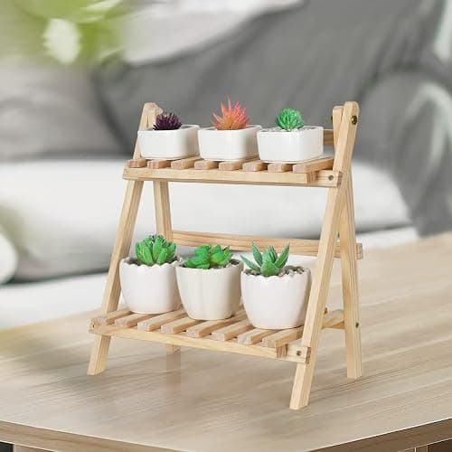 Jotsport 2-Step Desktop Storage Organizer Foldable 2 Tier Ladder Plant Stand Wood Display Shelf Decorative Storage Rack for Table Top thumbnail 2