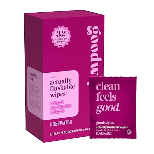 goodwipes Flushable Wipes for Women - Rosewater Individually Wrapped Travel Butt Wipes To Go, Mini Purse & Festival Essentials for Adults, pH Balanced for Feminine Hygiene, 32 Count (1 Pack) - Image 1