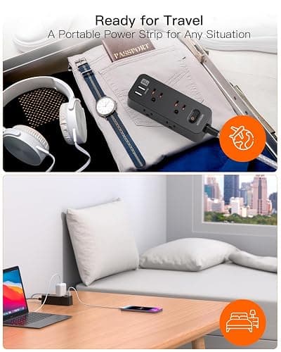 Black Power Strip Surge Protector, BESHON 5Ft Extension Cord, 6 Outlets with 3 USB Ports(1 USB C Outlet), 3-Side Outlet Extender, Wall Mount, Compact for Travel, Home, College Dorm Room, and Office thumbnail 6