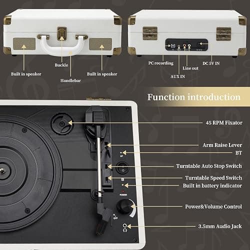 JORLAI Record Player 3 Speeds Turntable with Bluetooth Built-in Battery Stereo Speakers Vintage Record Player Belt Driven Portable Suitcase PC Recording White thumbnail 6