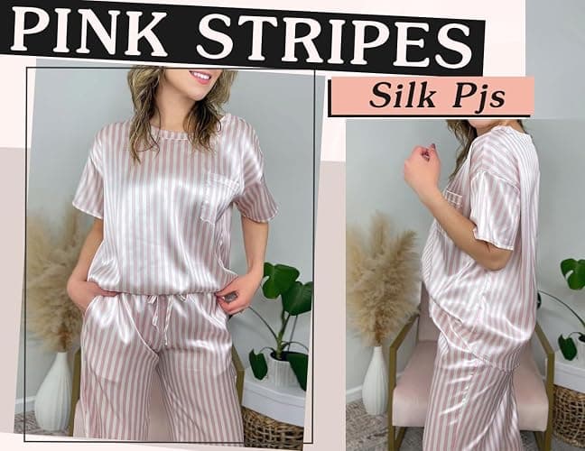 Ekouaer Womens Satin Silky Pajama Set Short Sleeve Shirt with Long Pajama Pant Set Soft PJ Loungewear thumbnail 2