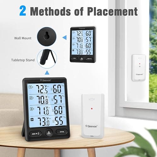 Geevon Indoor Outdoor Thermometer Wireless 3 Remote Sensors, 5-Inch Display Digital Hygrometer Thermometer Temperature Humidity Monitor with 8S Backlight, Battery-Powered (Black) thumbnail 9