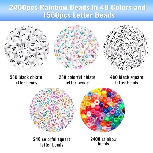 Quefe 3960pcs Pony Beads for Friendship Bracelet Making Kit 48 Colors Kandi Beads Set, 2400pcs Plastic Rainbow Bulk and 1560pcs Letter Beads with 20 Meter Elastic Threads for Craft Jewelry Necklace thumbnail 3